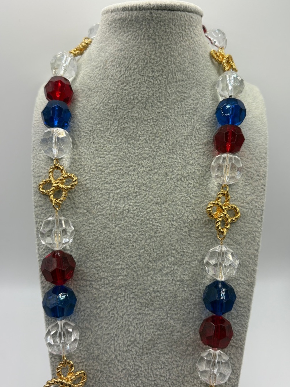 Vintage 80’s Trifari Red, Blue, Clear & Gold Twist & Faceted Bead Necklace 28”